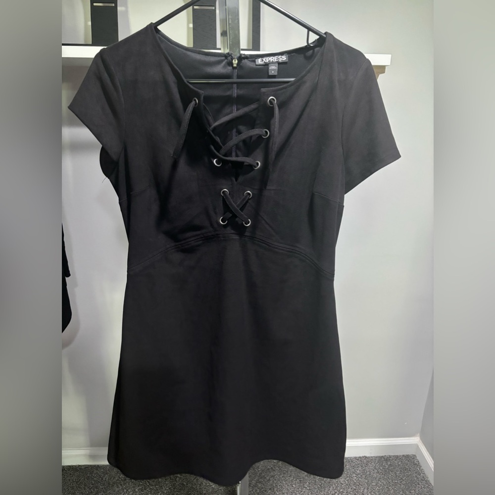 Express Black Suede Short Mini Dress with Lace Up Front Size 8 EUC